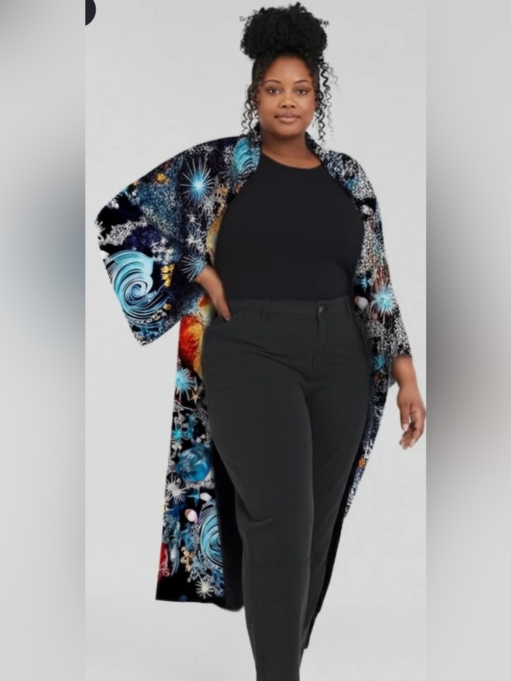 Women's Black Space-Print Long lightweight Coat